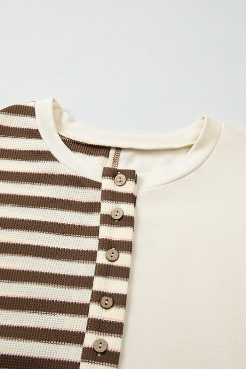 Colorblock Striped Patchwork Henley Pullover Top Exposed-Seam Drop-Shoulder